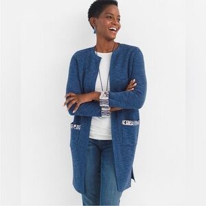 Chico’s Long Open Front Paisley Trim Cardigan S
